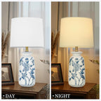 24.25" Blue Ceramic Table Lamp for Living Room, Classic Blue and White Lamp for End Table, Blue Birds and Flowers Lamps, Traditional China Nightstand Lamp for Bedroom