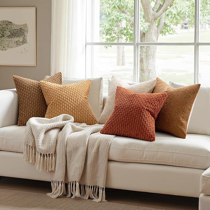 MIULEE Rust Throw Pillow Covers Soft Corduroy Decorative Eruo Sham Set of 2 Boho Striped Pillow Covers Pillowcases Farmhouse Home Decor for Couch Bed Sofa Living Room 26x26 Inch