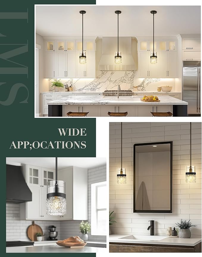 LMS 5 Inch Dia Black Pendant Light, Modern Hanging Lamp for Kitchen Island with Adjustable Rod, Medium Linear Light Fixtures with Hammered Glass, LMS-171PL-BKM