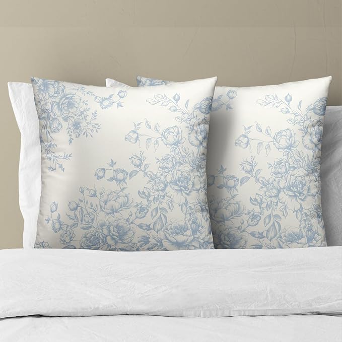Blue Chinoiserie Throw Pillow Covers 22x22 Inch Set of 2, Vintage Cottage Floral Decorative Square Cushion Cover Pillowcases for Home Couch Sofa Bed Farmhouse Decoration