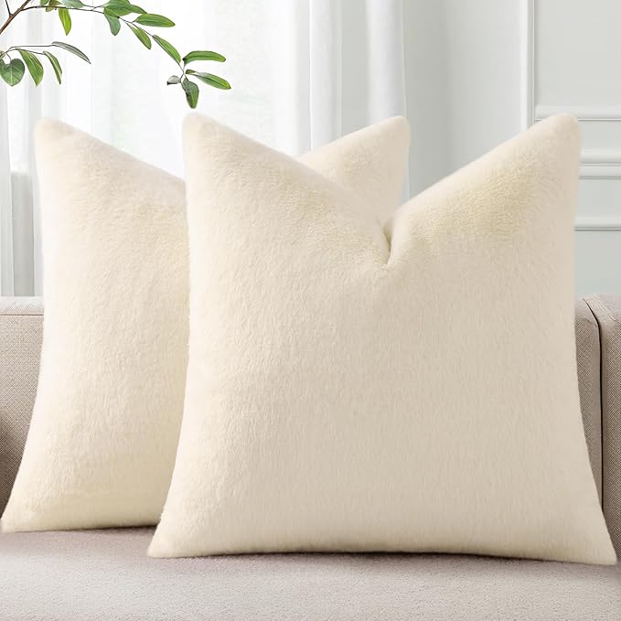 Pallene Faux Fur Plush Throw Pillow Covers 22x22 Set of 2, Soft Fluffy Couch Pillow Covers for Living Room, Beige