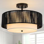 SineRise 16'' Rattan Flush Mount Ceiling Light Fixture,2-Tier Drum Hand-Woven Boho Flush Mount Ceiling Light,Farmhouse Light Fixture for Living Room,Kitchen,Bedroom Foyer Entryway ect.（Black）