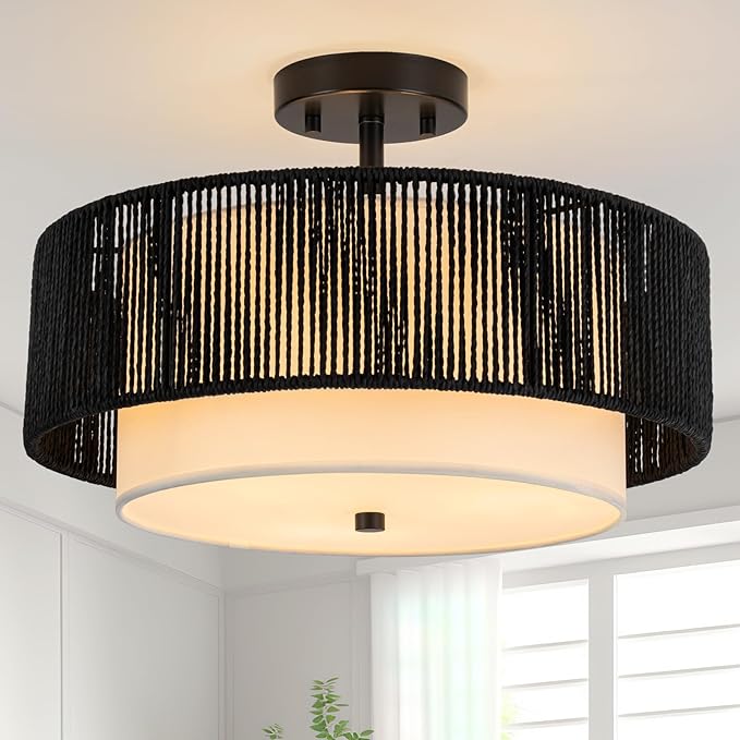 SineRise 16'' Rattan Flush Mount Ceiling Light Fixture,2-Tier Drum Hand-Woven Boho Flush Mount Ceiling Light,Farmhouse Light Fixture for Living Room,Kitchen,Bedroom Foyer Entryway ect.（Black）