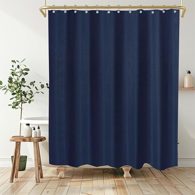Boho Shower Curtain Set, Waterproof Fabric Shower Curtains, Luxury Hotel Style, Waffle Texture, Heavy Duty, Extra Long Bath Curtain, No Hook, Bathroom Decor, 72x84 Inch, Blue