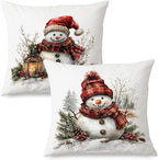 JINYO Vintage Red Plaid Christmas Snowman Pillow Covers 18x18 Set of 2, Snowman Christmas Decor, Rustic Winter Red Berries Pine Cone Botanical Throw Pillow Covers for Couch Living Room Bedroom