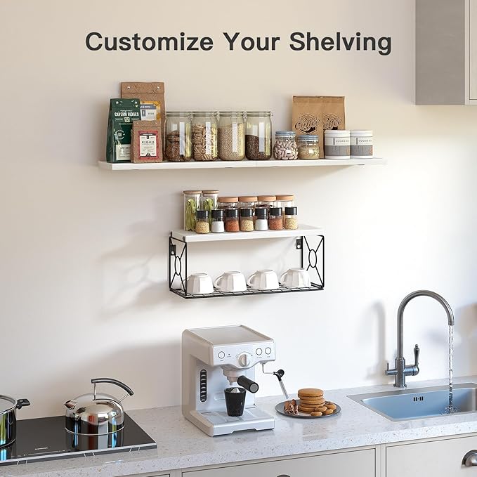 Amada Bathroom Shelves Over Toilet with Storage Basket, Floating Wall Shelves for Home Organization & Wall Decor, Bathroom/Kitchen/Living Room ShelvesWhite