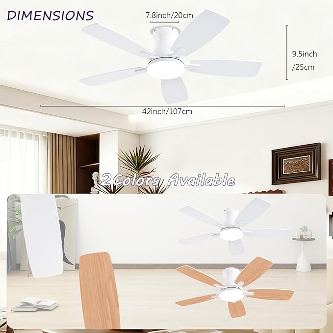 42inch Ceiling Fans with Lights, Low Profile Ceiling Fan with Light and Remote Control/APP Control, DC Reversible Motor, Noiseless, Flush Mount White Ceiling Fan for Bedroom, Indoor/Outdoor Use