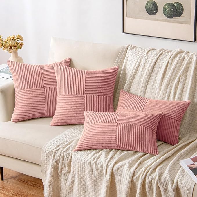 MIULEE Blush Pink Corduroy Pillow Covers Pack of 2 Boho Decorative Spliced Throw Pillow Covers Soft Solid Couch Pillowcases Patchwork Cushion Covers for Living Room Bed Sofa 12x20 inch Valentines Day