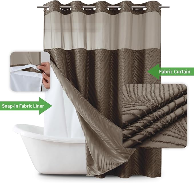 no Hook Shower Curtain and Liner Set，Boho Style with See Through Top Window, Brown Fabric Tufted Striped Textured Outer Curtain & Waterproof Inner Liner, Brown, 71Wx80H