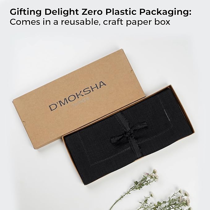 D'Moksha Homes Linen Black Table Runner 144 Inches Long - 100% Pure Linen Extra Long Table Runner 14 x 144 Inch for Fall, Autumn and Halloween - Classic Hemstitch