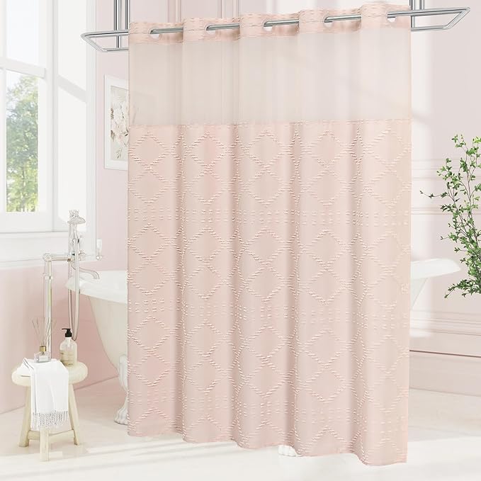 No Hooks Boho Light Pink Woven Fabric Shower Curtain 72 x 74 Modern Farmhouse, Tufted Chevron Striped Shabby Chic Textured, Minimalist Hookless Shower Curtains for Bathroom, Hotel Decor