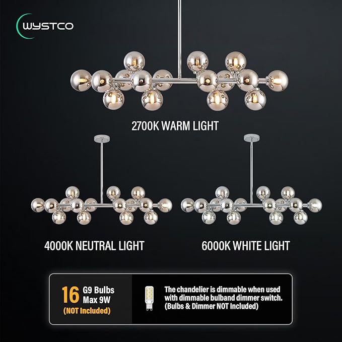 16-Light Globe Sputnik Chandelier, Mid Century Modern Light Fixture Over Table, Chrome Silver Linear Chandeliers for Dining Room and Kitchen Island (Smoke Grey Glass Bubble Shades, 40 Inch)