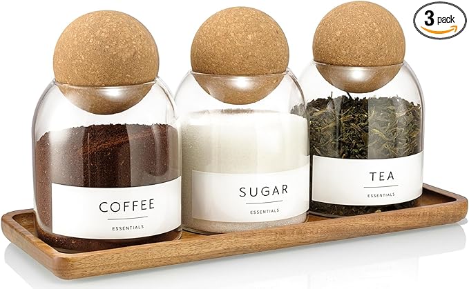 Glass Jars with Cork Lids, 3 Pack Small Decorative Jars with Acacia Tray, Bathroom Qtip and Cotton Ball Holder Set, Cute Coffee Bar Containers for Sugar Candy Tea, Apothecary Jars (17oz)
