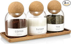 Glass Jars with Cork Lids, 3 Pack Small Decorative Jars with Acacia Tray, Bathroom Qtip and Cotton Ball Holder Set, Cute Coffee Bar Containers for Sugar Candy Tea, Apothecary Jars (17oz)