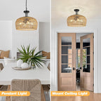 LynPon 18" Farmhouse Rattan Chandelier, 4-Light Boho Pendant Light Fixture with Woven Wicker Shade, Convertible Coastal Hanging or Ceiling Light Fixture for Dining Room Kitchen Living Room Foyer