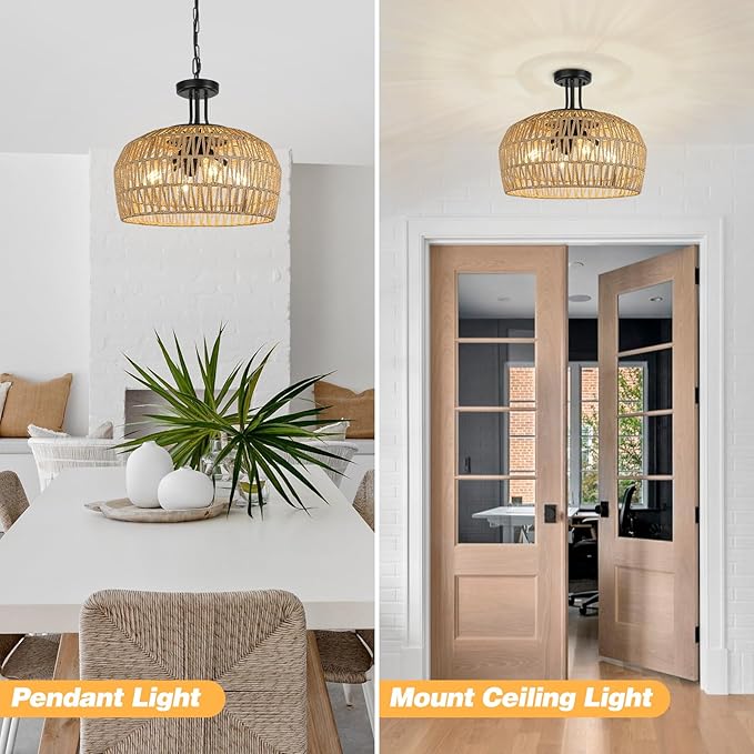 LynPon 18" Farmhouse Rattan Chandelier, 4-Light Boho Pendant Light Fixture with Woven Wicker Shade, Convertible Coastal Hanging or Ceiling Light Fixture for Dining Room Kitchen Living Room Foyer