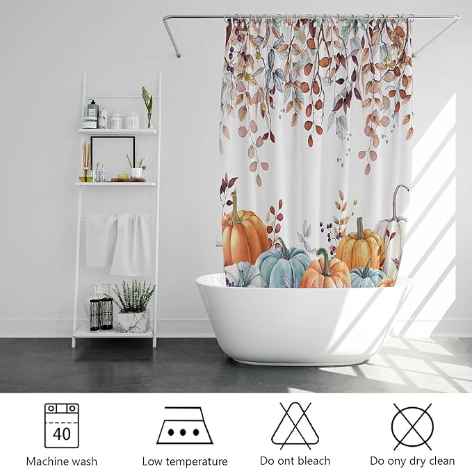 Fall Shower Curtains for Bathroom, Thanksgiving Pumpkins Autumn Leaves Shower Curtain Set with Hooks, Blue Orange Waterproof Fabric Fall Bathroom Decor Accessories, 72 x 72 Inch