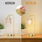 Amber Table Lamp with USB Port and Outlet Set of 2, Glass Bedside Table Lamp for Bedroom, Retro Desk Lamps for Home Office, Mid Century Modern Small Night Stand Lamps, Gold Rustic Desk Light