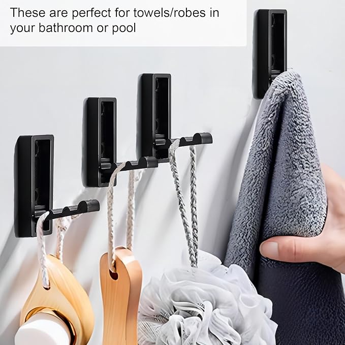 Foldable Black Wall Hooks 4 Pack,Heavy Duty Wall Hooks for Hanging Coats Towels Backpacks Bags Matte Black Towel Hooks in The Bathroom,Closet,Entryway,Pool and Kitchen. (Matte Black, 4)
