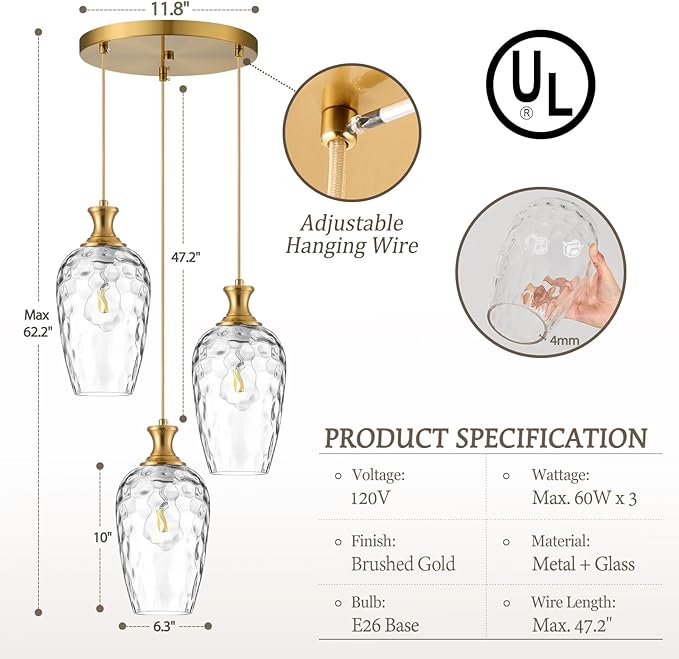 3-Light Pendant Lighting, Modern Brushed Gold Dining Room Chandelier Light Fixture Over Table with Hammered Glass, Brass Cluster Hanging Lights for Kitchen Island Dining Room Bedroom, E26