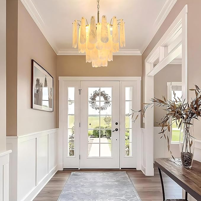 Alabaster Round Chandelier, 22" 43 PCS Natural Spanish Marble Stone Chandelier, 4-Tiers Modern Luxury Brass Alabaster Chandeliers for Dining Room, Living Room, Bedroom, Bathroom, Entryway, Foyer