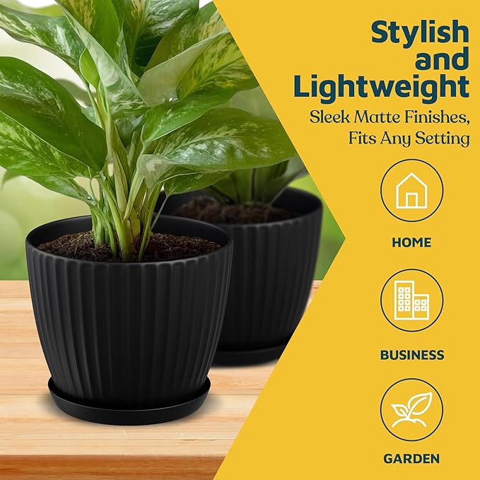 Black 6-Inch Plant Pots with Drainage & Saucers 3 Pack, Indoor & Outdoor Planters for Houseplants, Herbs, and Flowers, Durable & Weatherproof Material, Stackable, Lightweight, Minimalist Design