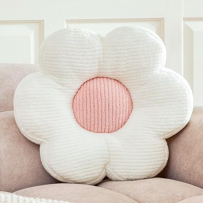 Flower Pillow, Cute Daisy Decorative Pillow for Bed, Soft Home Decor Floor Seating Cushion (White, 14.9 Inches)