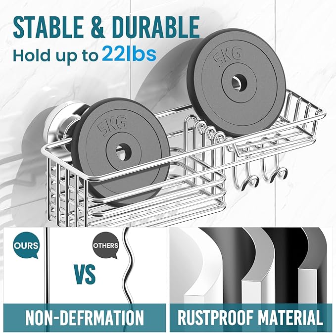 TAILI Shower Caddy Suction Cup with Hooks & Soap Holder, Heavy Duty Bathroom Shower Organizers, Removable Shower Shelves for Inside Bathroom,Stainless Steel Silver Basket
