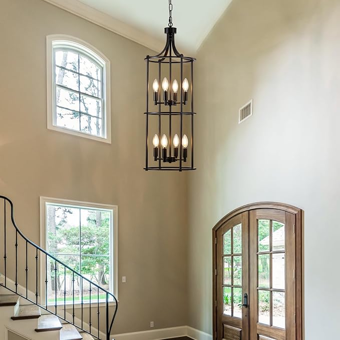 Foyer Chandeliers for High Ceilings, Lantern Tiered Black Chandelier Light Fixture Metal Modern Farmhouse Pendant Lights for Kitchen Island Entryway, Staircase, Living Room, Dinning Room