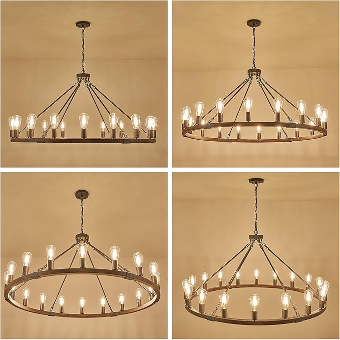 Farmhouse Wagon Wheel Chandelier 47" Black Rustic Light Fixtures 18-Light Wood Round Chandelier for Foyer Living Room Entryway Dining Room