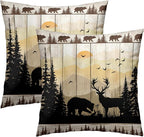 Moutain Bear Deer Pillow Cover Set of 2, 16x16 Inch Rustic Cabin Wood Planks Decorative Throw Pillowcases Cushion Covers for Couch Sofa Outdoor Patio Lodge