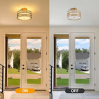 Drum Semi Flush Mount Ceiling Light Fixture Vintage 12.2“ Modern Farmhouse 2-Lights Linen Drum Ceiling Lighting Rustic Golden Ceiling lamp for Dining Room, Bedroom, Laundry Room, Basement