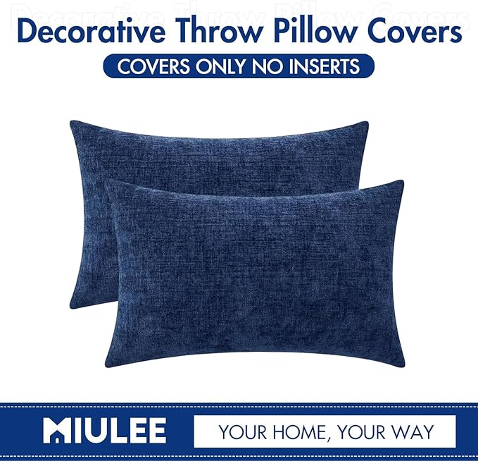 MIULEE Pack of 2 Couch Throw Pillow Covers 12x20 Inch Spring Soft Dusty Blue Chenille Pillow Covers for Sofa Living Room Solid Dyed Pillow Cases