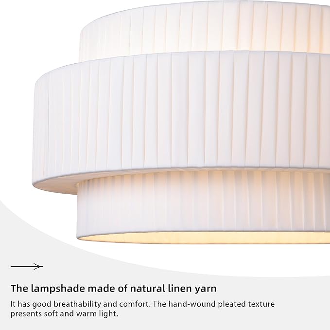 LamQee 3-Tier Large Farmhouse Drum Chandelier, 23.6inch Modern Ceiling Light Fixture Chrome Pendant Hanging Light with Fabric Shade for Living Room Bedroom Kitchen Island Over Table
