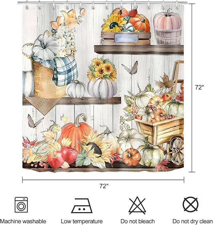 Fall Pumpkin Shower Curtain Autumn Leaves Sunflower Farmhouse Harvest Thanksgiving Bathroom Curtains Waterproof Polyester Fabric Bath Curtain 72 x 72 Inch with 12 Plastic Hooks