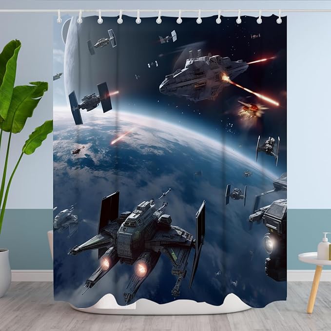Universe War Cool Shower Curtain Bathroom Bathtubs Funny Planet Science Fiction Movie Theme Fabric Shower Curtain Set with 12 Hooks 72x84 inch Polyester Machine Washable, Blue Grey