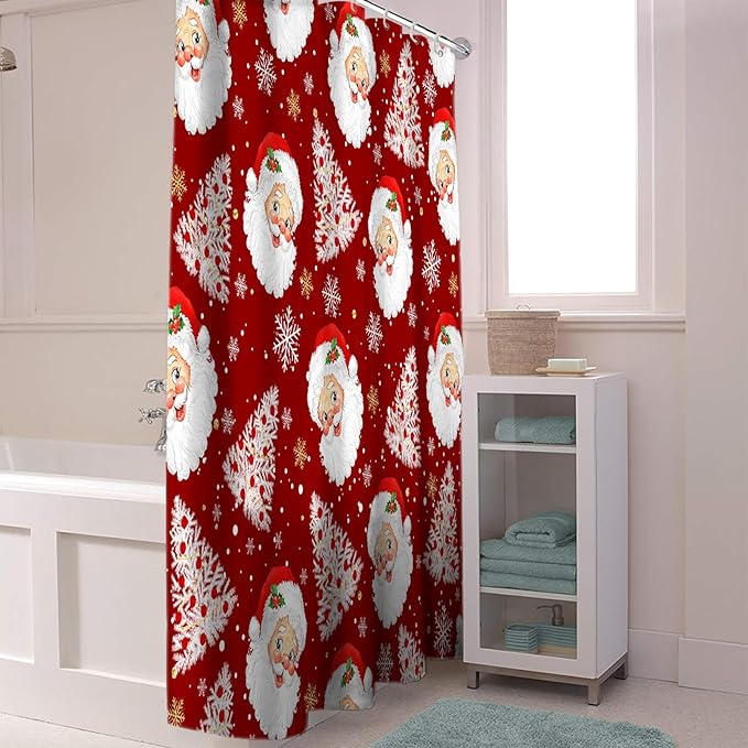 Red Christmas Shower Curtain, Santa Claus Merry Christmas Tree Shower Curtains Set with Hooks, Winter Snowflake Waterproof Fabric Bathroom Curtains Decor Home Accessories, 60 X 72 Inch Long