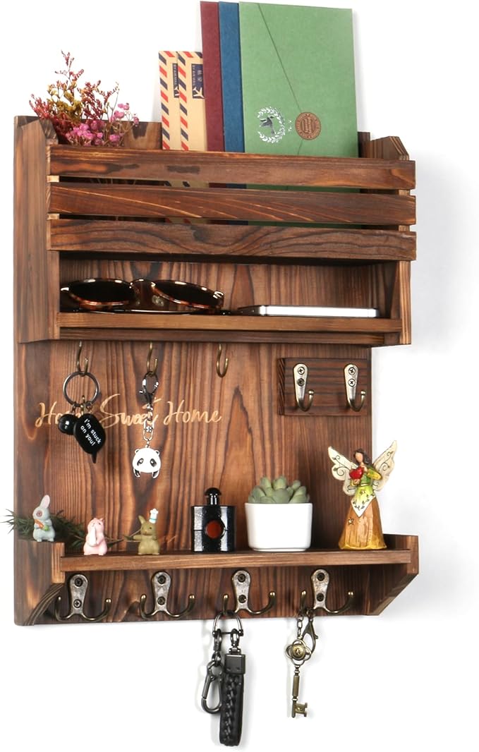 Key Holder, Wall Mounted Mail Organizer, Keys Holder on Wall with 9 Key Hooks, Umber