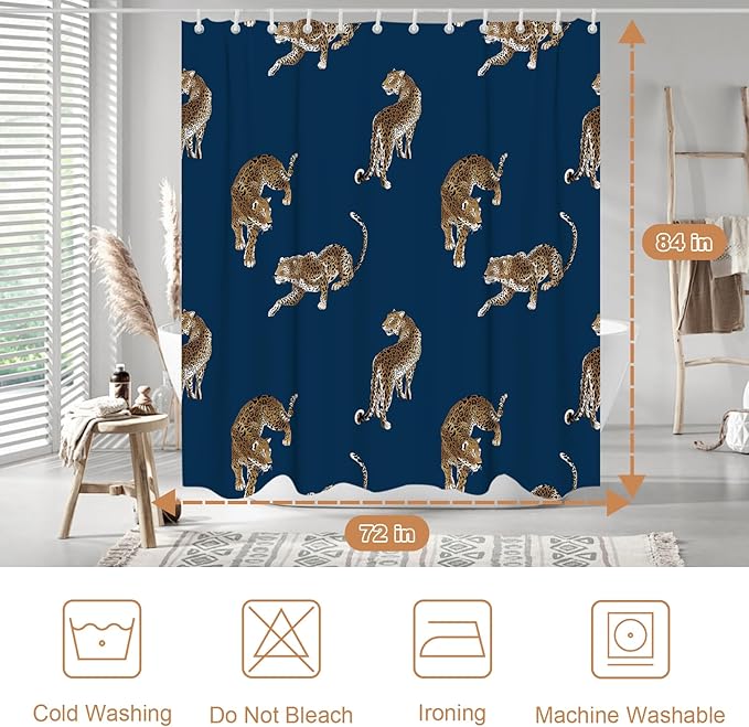 Boho Leopard Cheetah Shower Curtain Theme Bathroom Bathtubs Fabric Tropical Forest Wildlife Animal Shower Curtain Set with 12 Hooks 72 x 84 inches Polyester Machine Washable, Brown Black and Blue