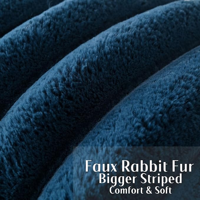 FUTEI Navy Blue Decorative Throw Pillow Covers 24x24 Inch Set of 2, Square Soft Faux Rabbit Fur Big Striped Pillow Sham,Home Decor for Couch Sofa Bed Living Room