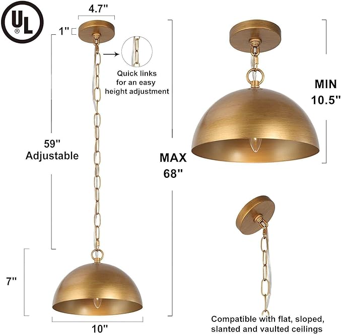KSANA Pendant Light Kitchen Island, 10" Modern Gold Pendant Lighting Dome Shade Pendant Light Fixtures for Kitchen, Dining Room, Hallway, Brushed Antique Gold Finish