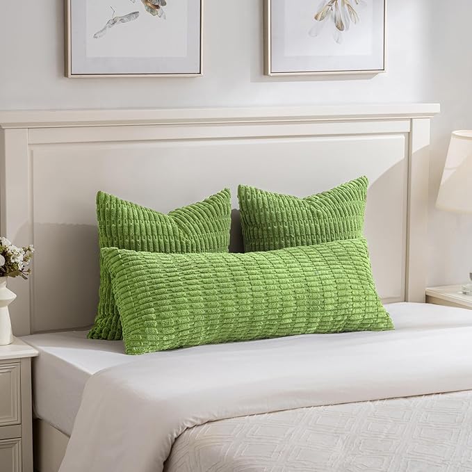 Fancy Homi 1 Pack Lime Green Long Lumbar Body Decorative Throw Pillow Covers 14x36 Inch for Bed Couch Bedroom Bench, Soft Corduroy Rectangle Solid Pillow Case 35x91 cm, Rustic Farmhouse Boho Decor