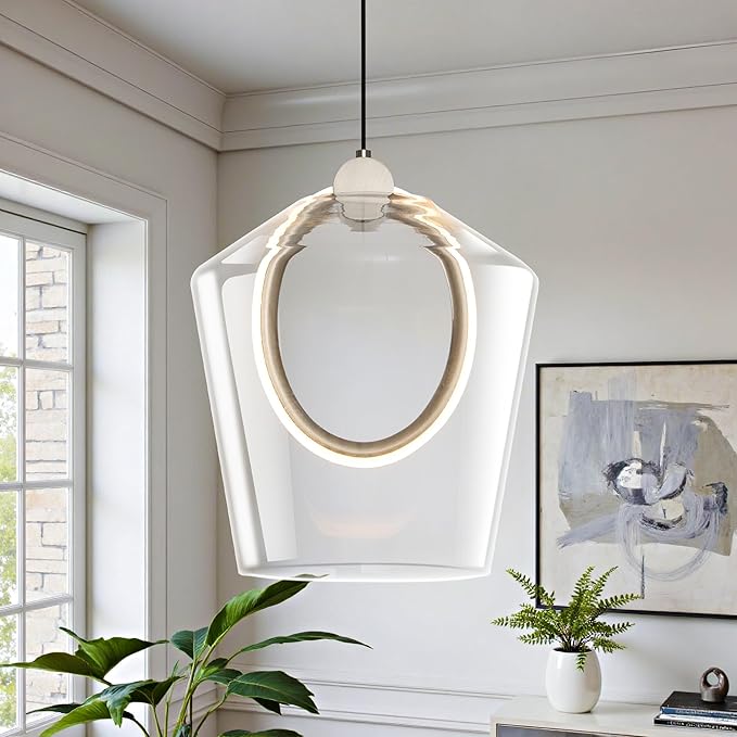 Modern Glass Pendant Lighting for Kitchen Island 1 Pack, Nickel LED Pendant Light Fixtures, Adjustable Hanging Ceiling Light, Angled Clear Glass Shades 8 Inch