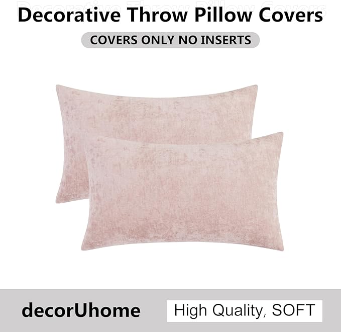 decorUhome Chenille Blush Pink Throw Pillow Covers 12x20 Inch Set of 2, Decorative Soft Couch Pillow Covers Solid Dyed Accent Velvet Farmhouse Neutral Rectangle Pillow Cases for Sofa Living Room