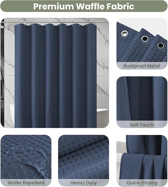 Inhousolu Fabric Shower Curtain Waffle Weave, Navy Blue 230 GSM Heavy Duty, Weighted Hem, 8 Metal Hooks, Water Repellent, Machine Washable, Hotel Spa Luxury Bath Curtain Set, 36 x 72 Inch
