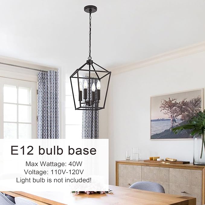 MELUCEE Farmhouse Chandelier in Oil Rubbed Bronze 4 Lights Lantern Pendant Light Vintage Openwork Cage Hanging Light Fixtures Ceiling for Kitchen Island Dining Room Entryway, E12 Base