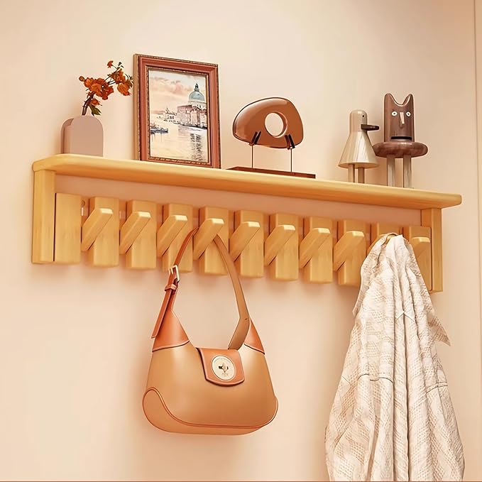 Wall Mounted Piano Key Hanger | Flip Style Hook | Entrance Wall Art Hook, Made of Oak Wood (3 Times Painted, 4 Times Polished) (Tray Beech, 10Hooks)