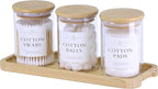 Qtip Holder with Vanity Tray - 3 Pack Glass Apothecary Jars with Lids, Cotton Ball Swab Pad Floss Pick Holder, Bathroom Organizers Jars Containers Canisters Accessories Set