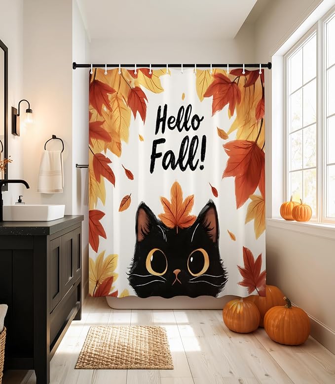 MAMUSE Fall Shower Curtain for Bathroom Stall Cute Decorative Waterproof Unique Design TeenWomen Cortinas de Baño Bathtub 72 x72 Inch, Cat Leaves