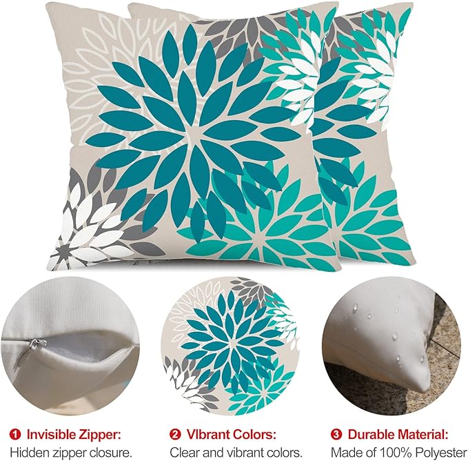 DFXSZ Dark Blue Green Outdoor Pillow Covers 18X18 Inch Set of 2 Spring Teal Flower Pillow Case Outdoor Waterproof Decor for Patio Funiture Garden Polyester Pillow Covers 002D18